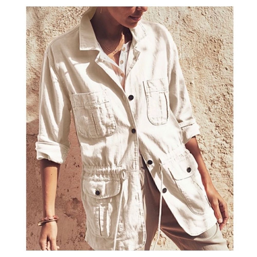 Faherty Jacket Utility White Cotton Linen Button Front Drawstring Belt Medium - Picture 2 of 11